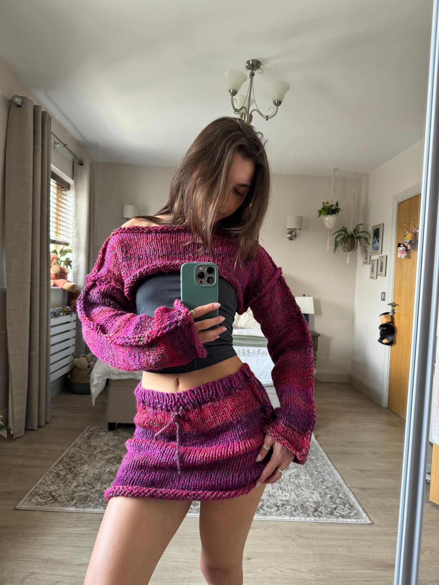 Dark Pink chunky shrug and mini skirt set